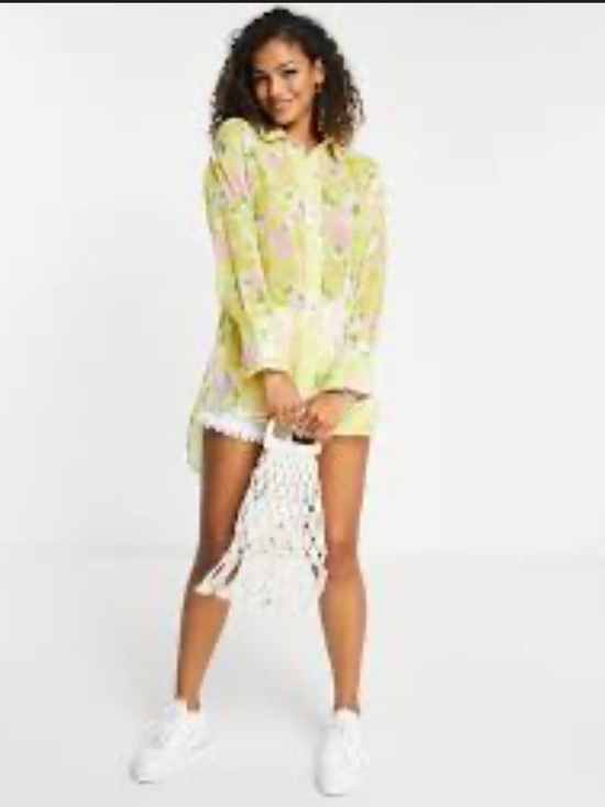 ASOS Tops - ASOS oversized sheer floral shirt in pastel yellow and pink